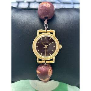 LTD Maroon Dial Gold Tone Bead Band Women’s Quartz Watch
